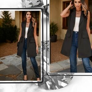 New Black blazer vest long jacket women xxl lapel solid